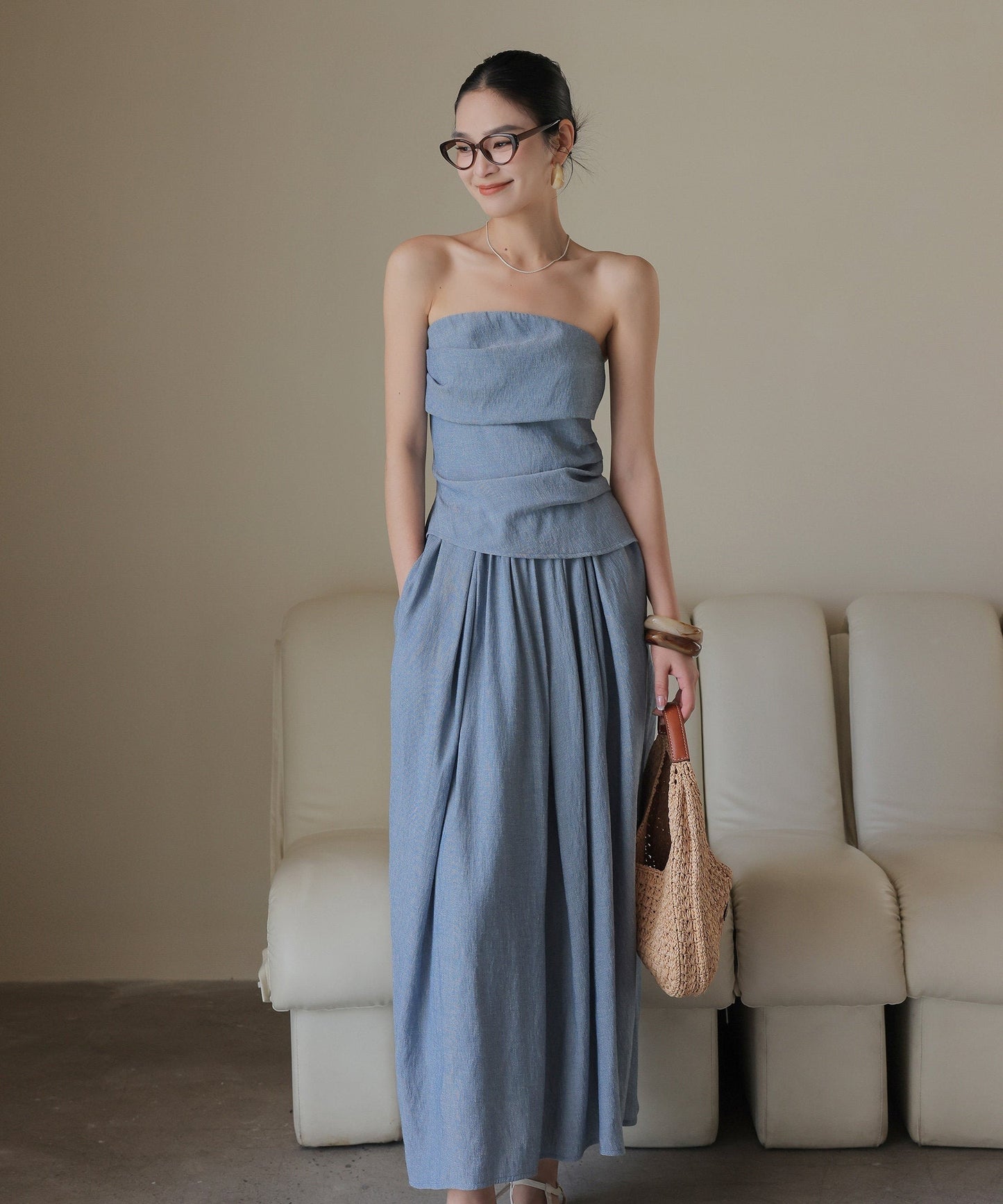 Set 3-Piece Viskose Bergaya - Atasan, Celana, dan Rok