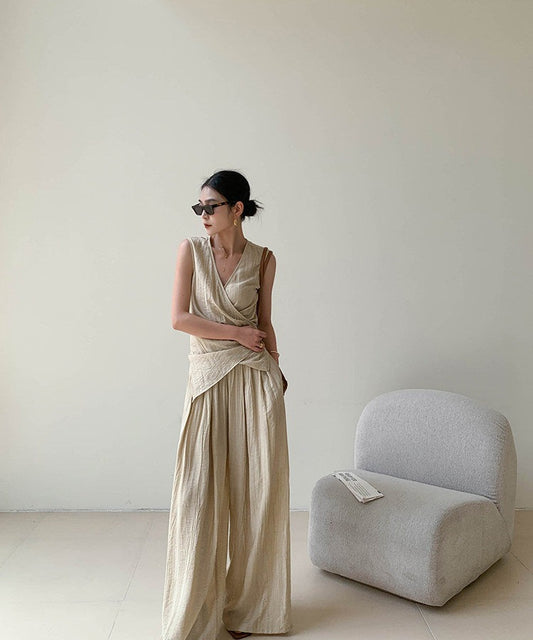 Silk Two-Piece Set - Sleeveless Top and Wide-Leg Pants