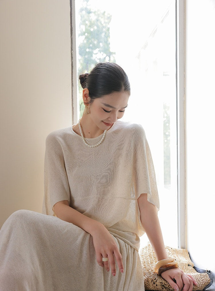 Linen 2-Piece Set - Batwing Sleeve Top and Skirt