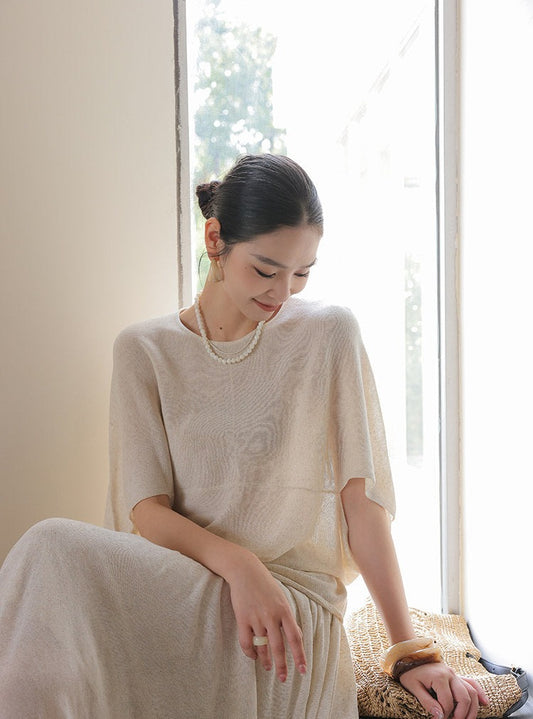 Linen 2-Piece Set - Batwing Sleeve Top and Skirt