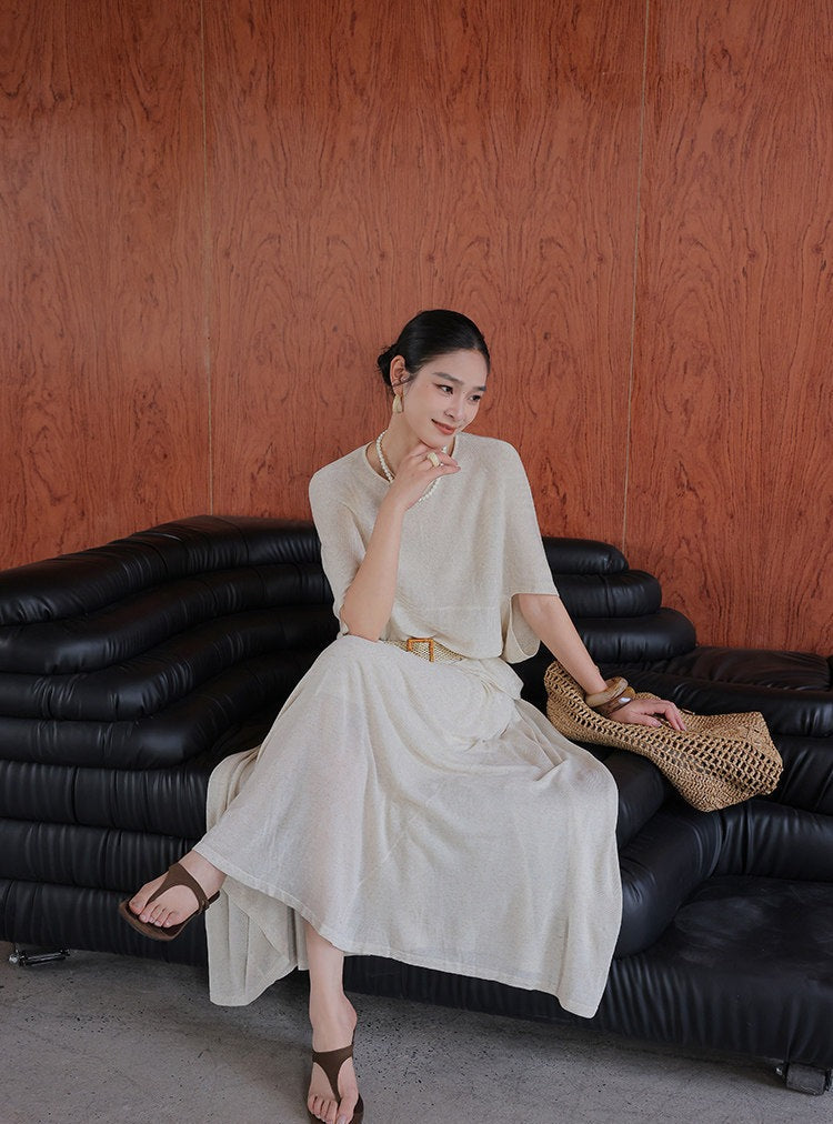 Linen 2-Piece Set - Batwing Sleeve Top and Skirt