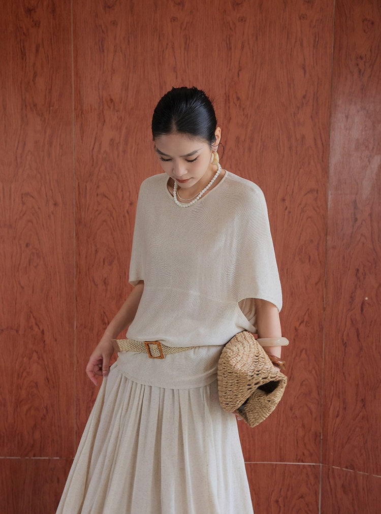 Linen 2-Piece Set - Batwing Sleeve Top and Skirt