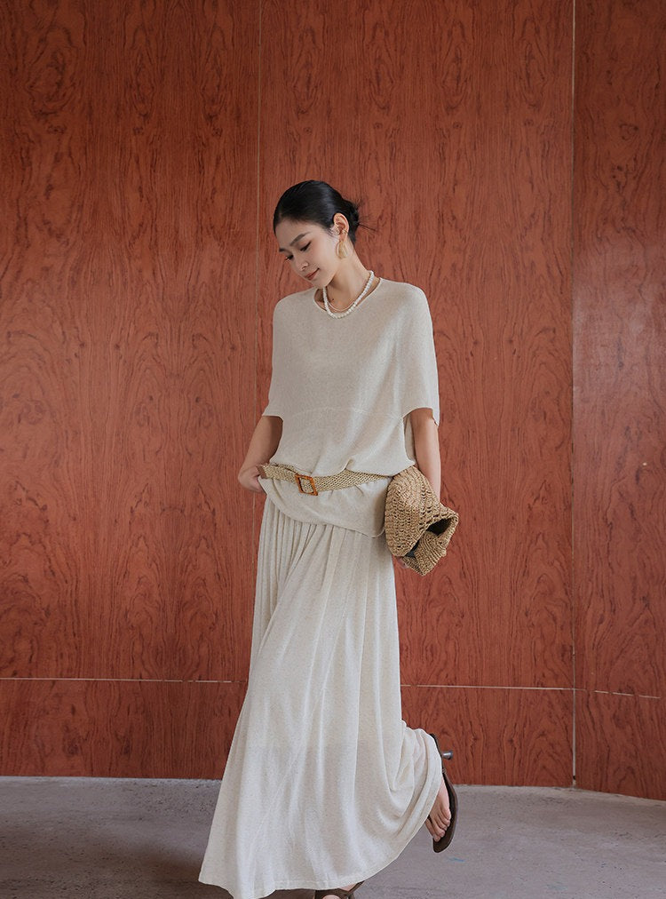 Linen 2-Piece Set - Batwing Sleeve Top and Skirt
