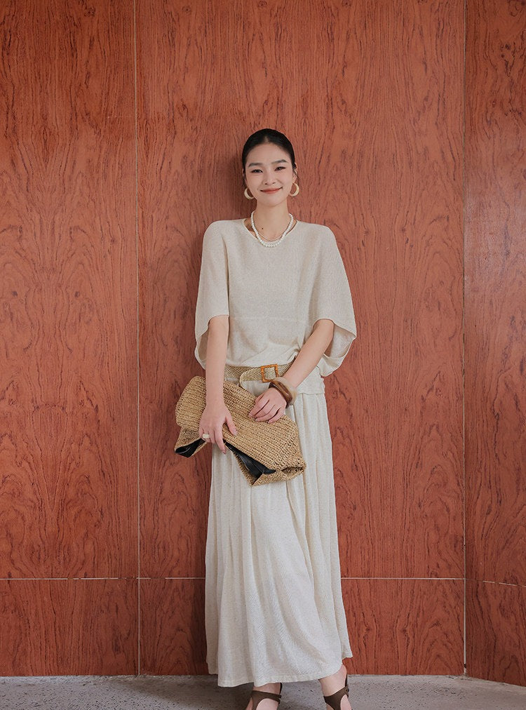 Linen 2-Piece Set - Batwing Sleeve Top and Skirt