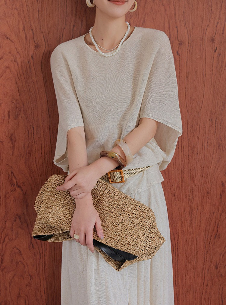 Linen 2-Piece Set - Batwing Sleeve Top and Skirt