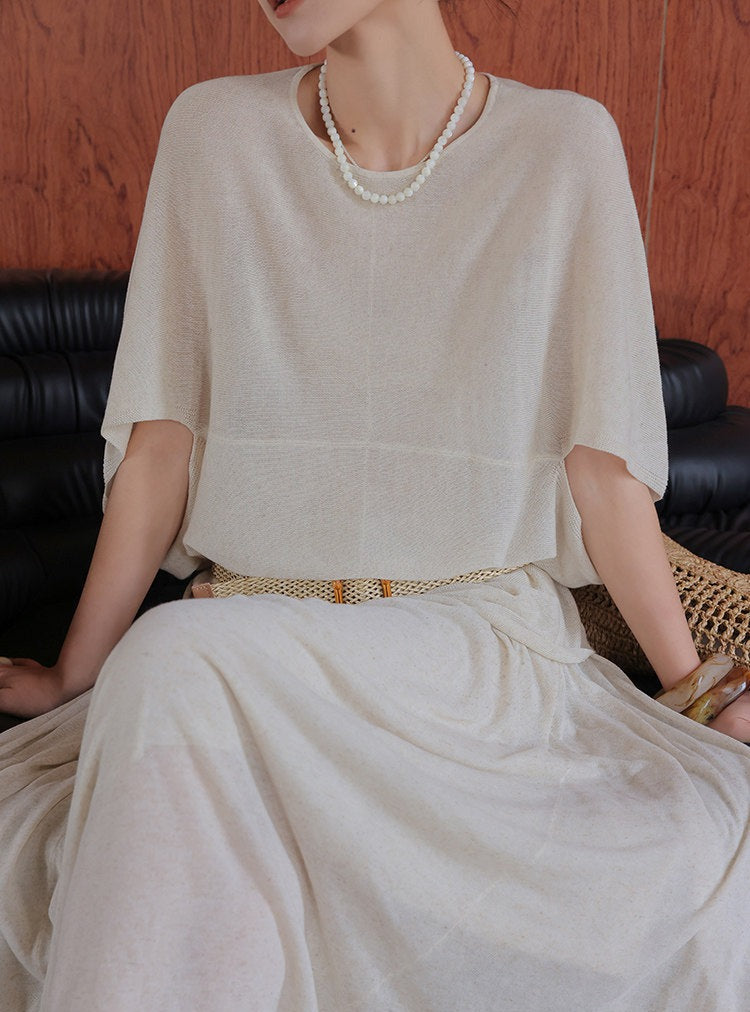 Linen 2-Piece Set - Batwing Sleeve Top and Skirt