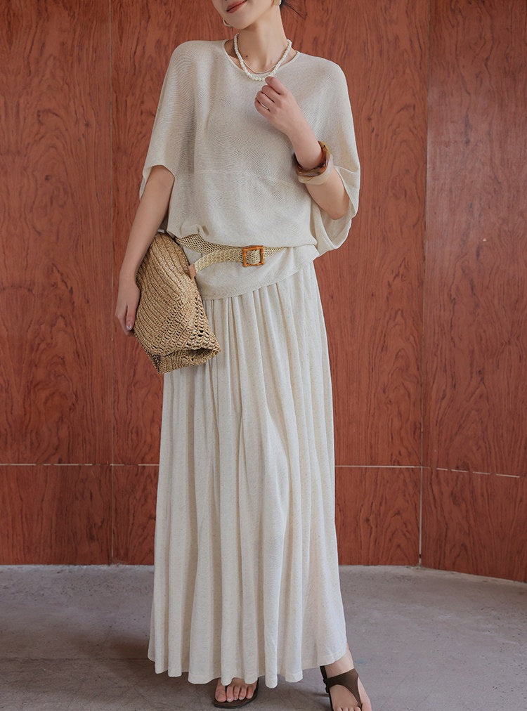 Linen 2-Piece Set - Batwing Sleeve Top and Skirt