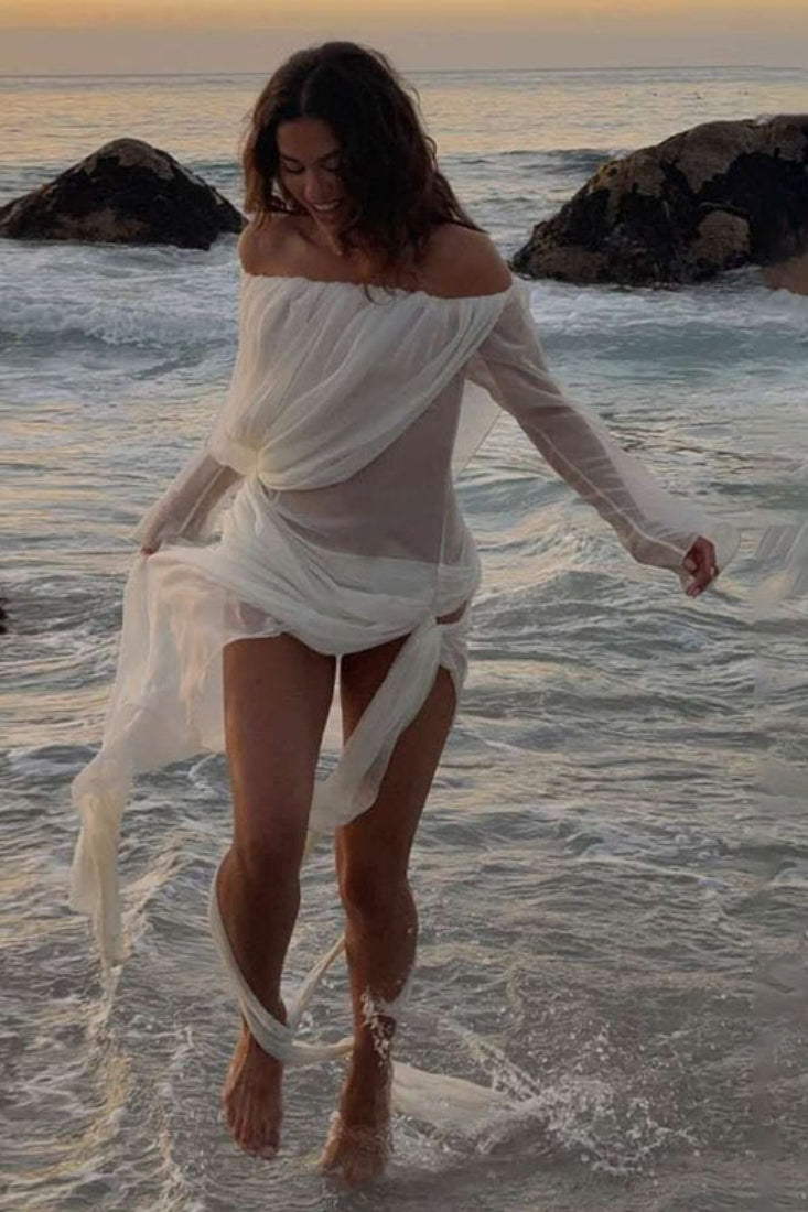 Solid Mesh Sheer Off Shoulder Ruched Elegant Maxi Dress