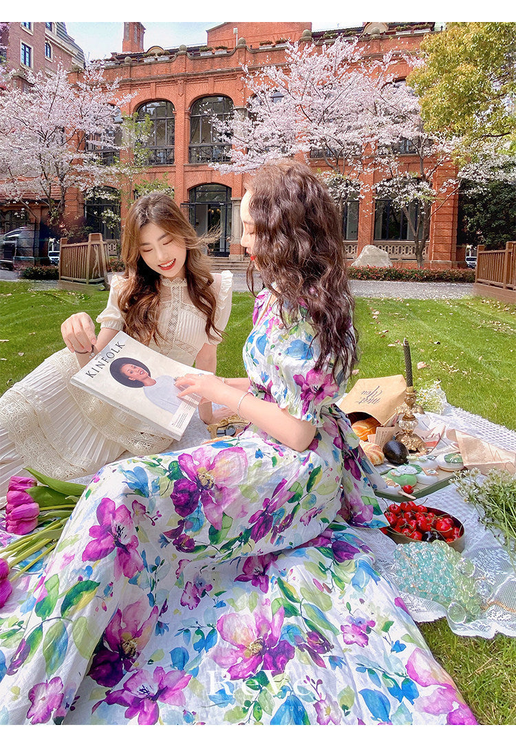 Tencel Linen Long Dress - Elegant Floral Print