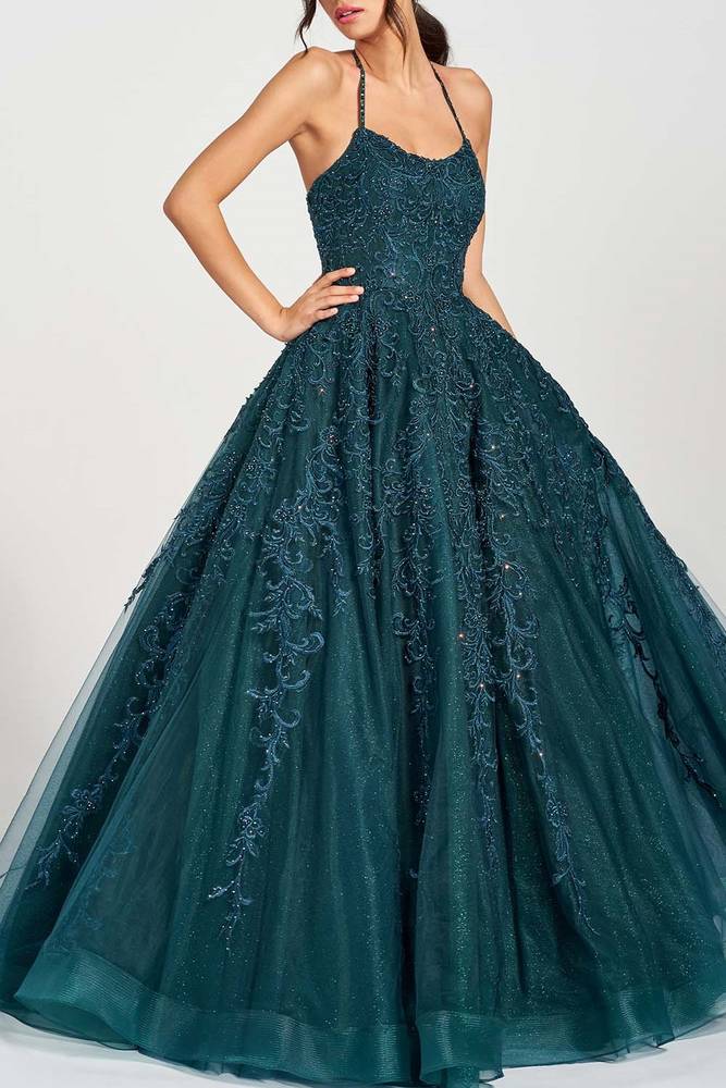 Bateau Sleeveless Tulle Lace Long Prom Party Dress With Pockets