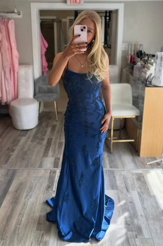 Boat Sleeveless Lace Appliques Satin Mermaid Party Prom Dress