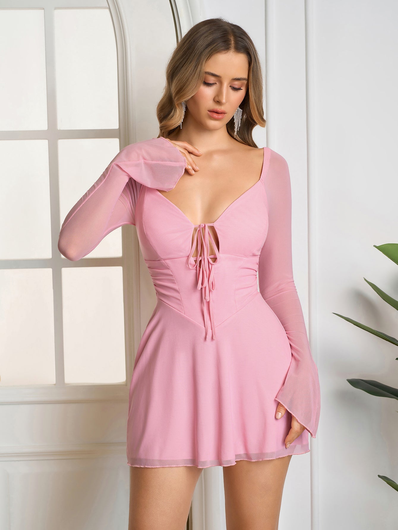 Cut Out Lace Up Mesh Dress