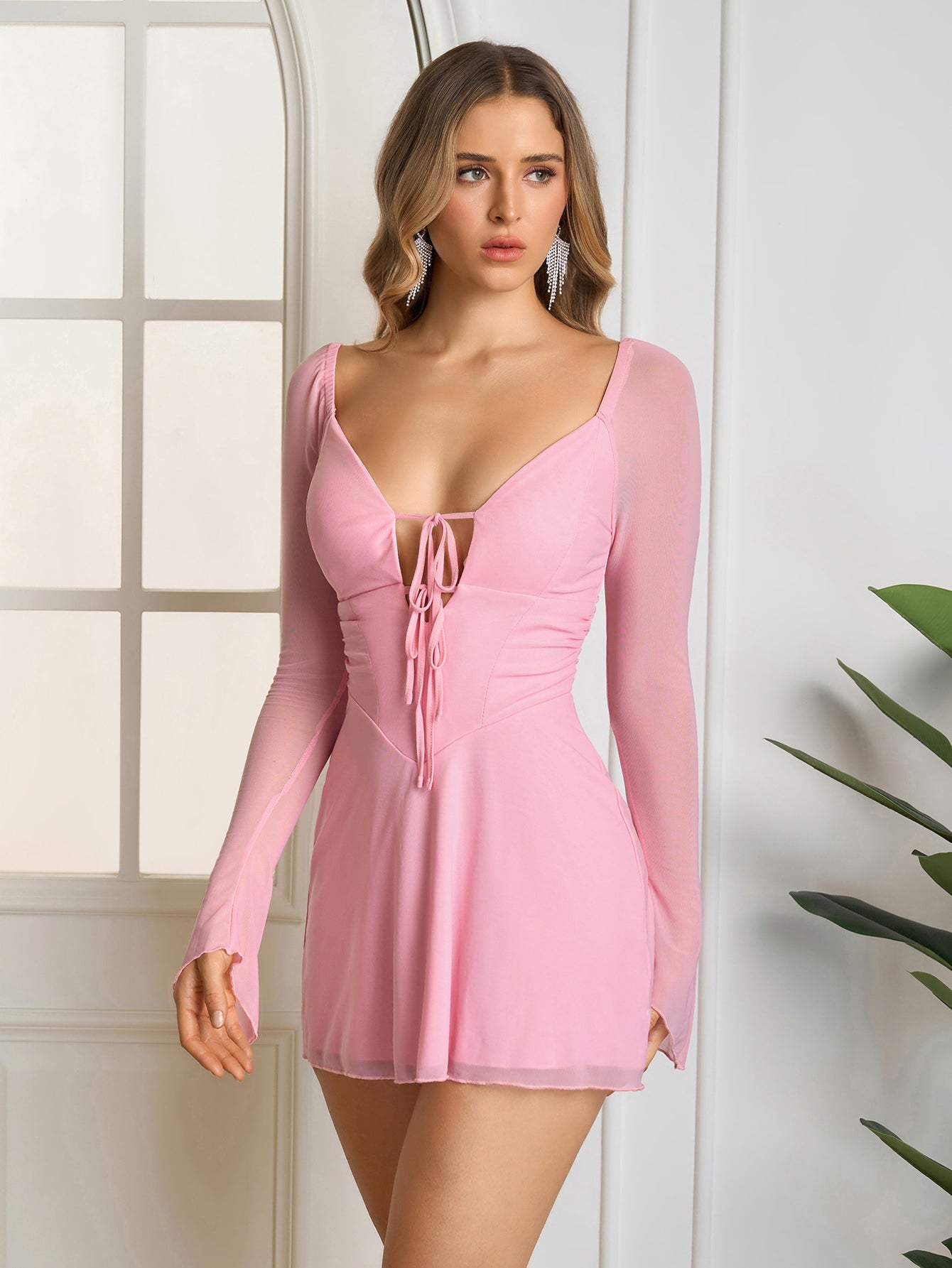 Cut Out Lace Up Mesh Dress