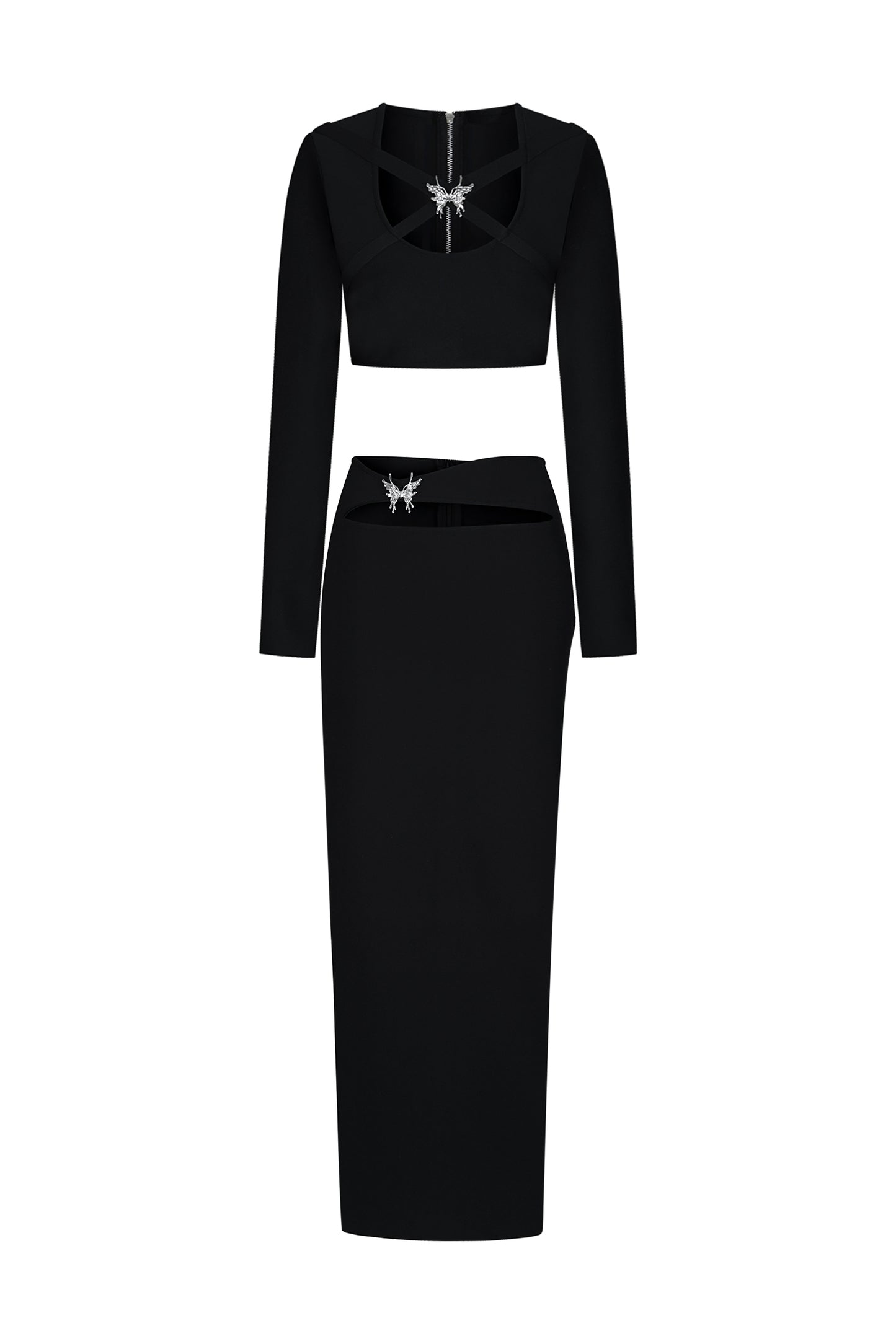 Susan Long Sleeves Hollow Out Butterfly Bandage Maxi Two-Piece Set