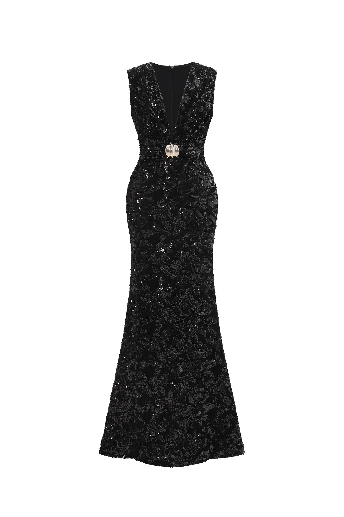 Chic Contour Sleeveless Deep V Metal Buckle Sequin Velvet Maxi Dress
