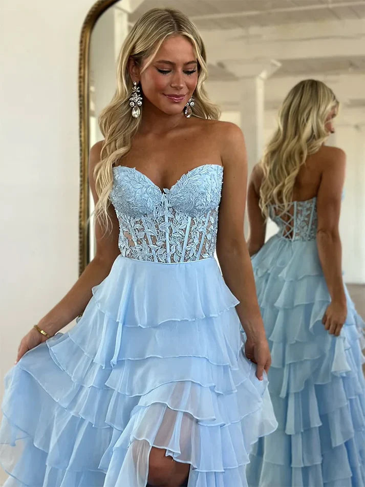 Sweetheart Strapless A-Line Appliques Tiered Party Prom Dress