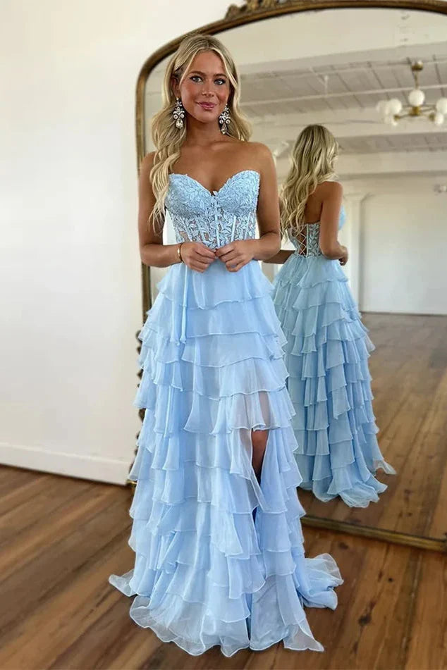 Sweetheart Strapless A-Line Appliques Tiered Party Prom Dress
