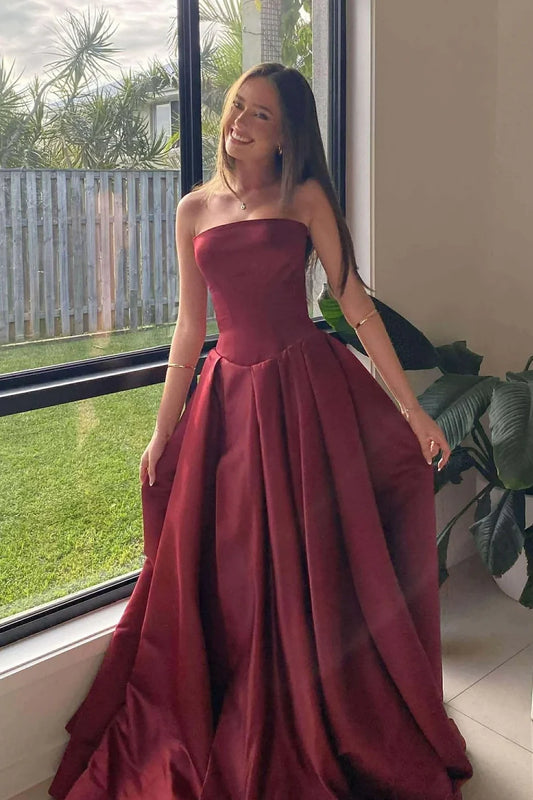 Elegant Win Red Satin A-Line Strapless Party Prom Dress