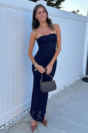 Fashion Sheath Strapless Lace Sheer Maxi Party Prom Dress