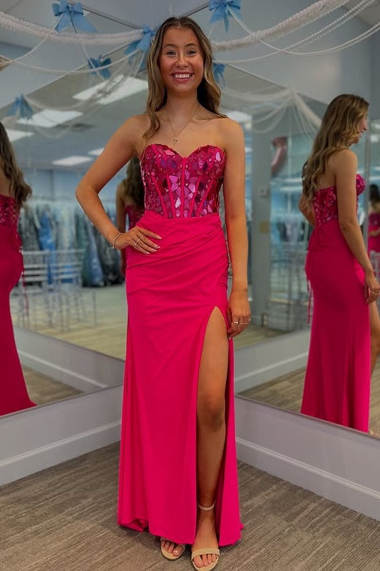 Hot Pink Sweetheart Strapless Beaded Empire Party Prom Dress With Slit