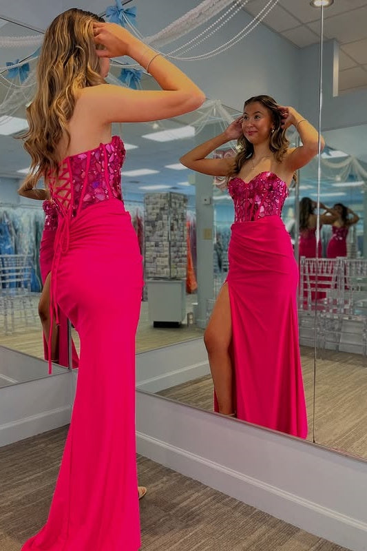 Hot Pink Sweetheart Strapless Beaded Empire Party Prom Dress With Slit