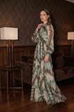 Long Polyester Dress with Stand-up Collar and Print