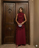 Gaun Panjang Poliester dengan Kerah Berdiri dan Patchwork Bunga