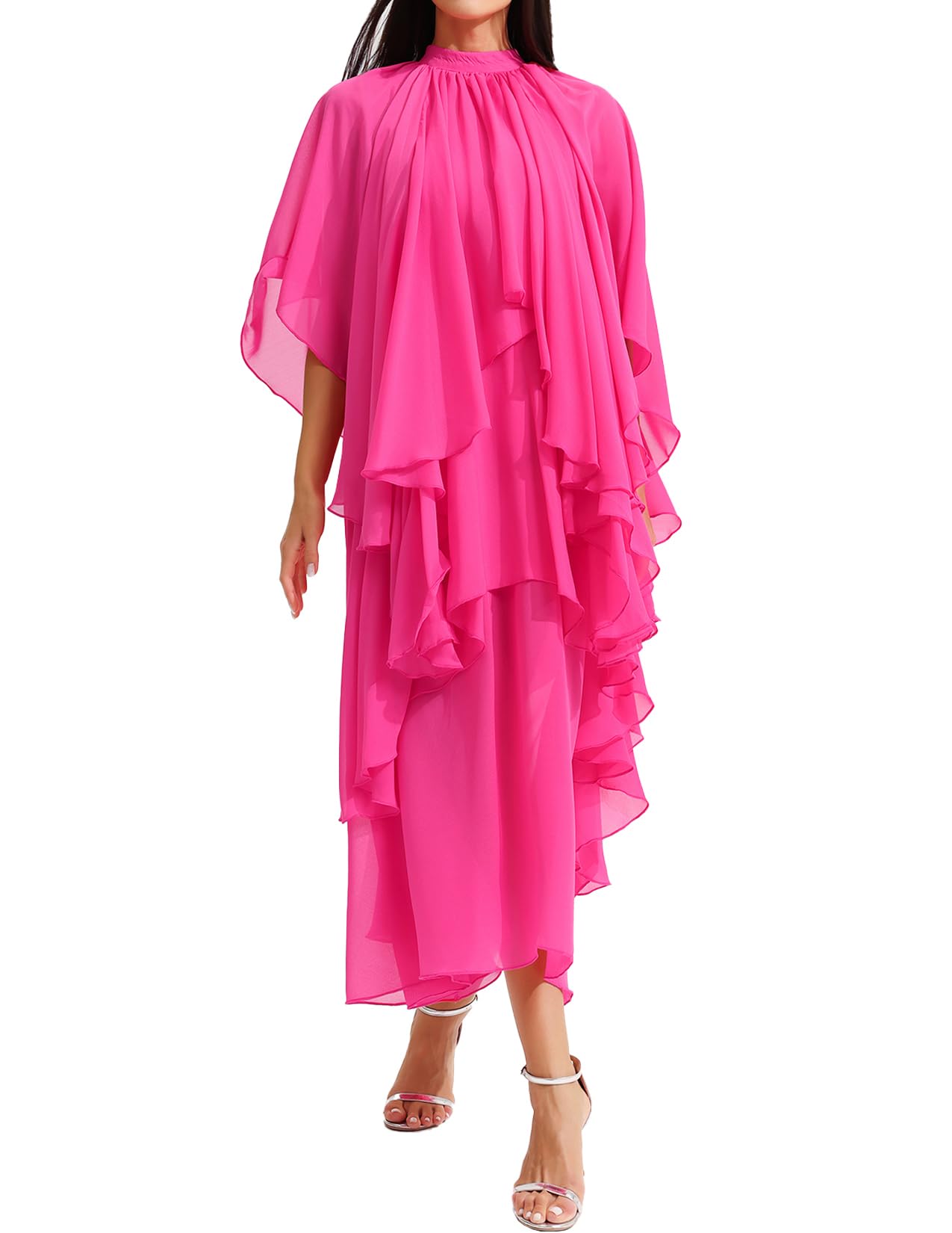 Stand Collar Ruffle Hem Maxi Dress -Pink