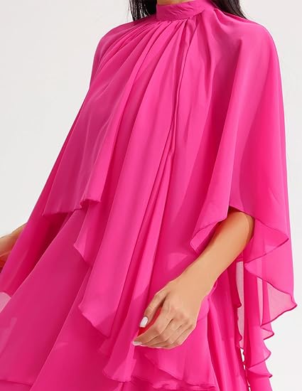 Stand Collar Ruffle Hem Maxi Dress -Pink
