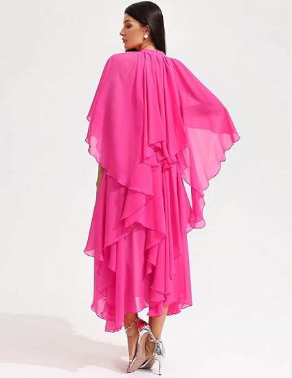 Stand Collar Ruffle Hem Maxi Dress -Pink