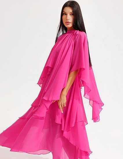 Stand Collar Ruffle Hem Maxi Dress -Pink