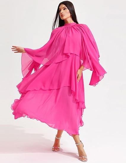 Stand Collar Ruffle Hem Maxi Dress -Pink