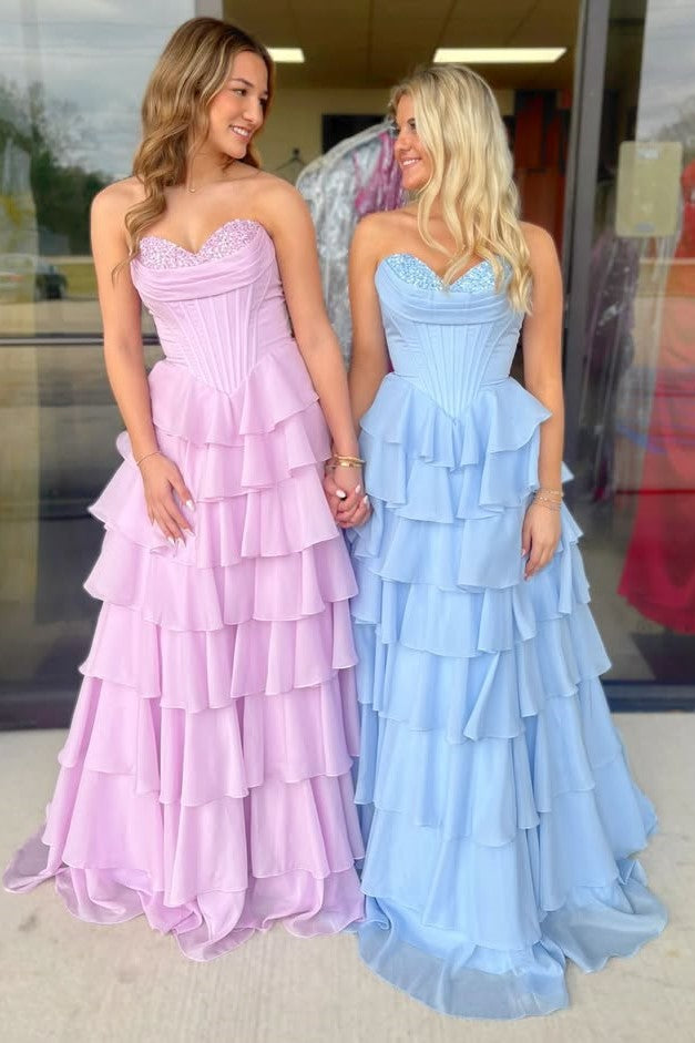 Strapless Sequin Chiffon Tiered Ruffle A-Line Prom Dress