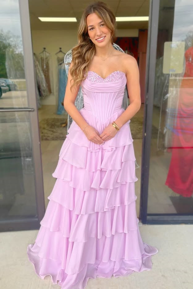 Strapless Sequin Chiffon Tiered Ruffle A-Line Prom Dress