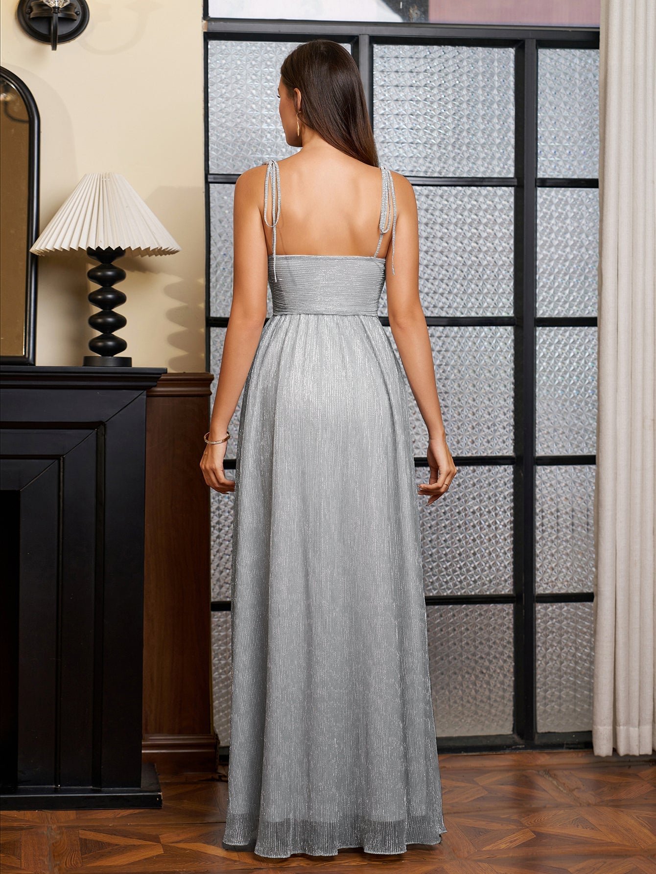 Lacing Strap Cut Out Glitter Maxi Dress
