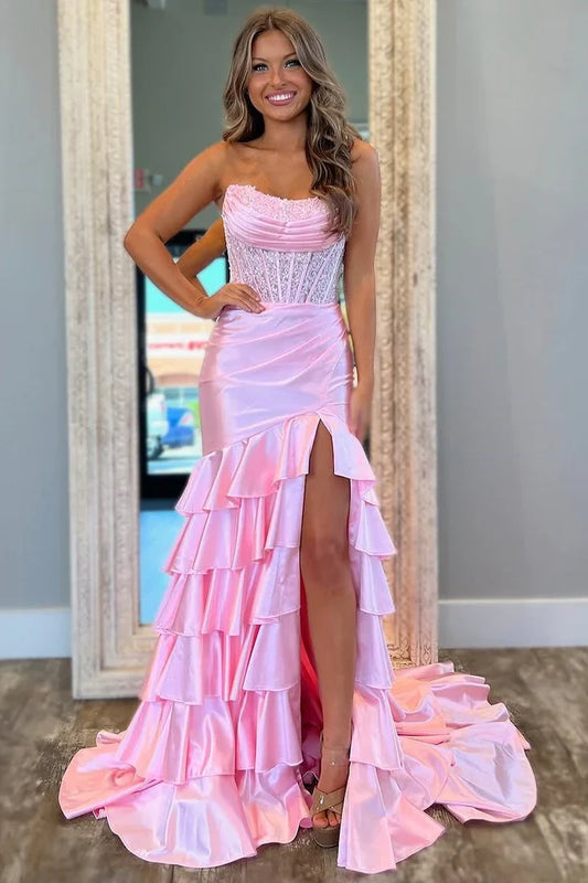Bateau Strapless Appliques Tiered Formal Party Dress