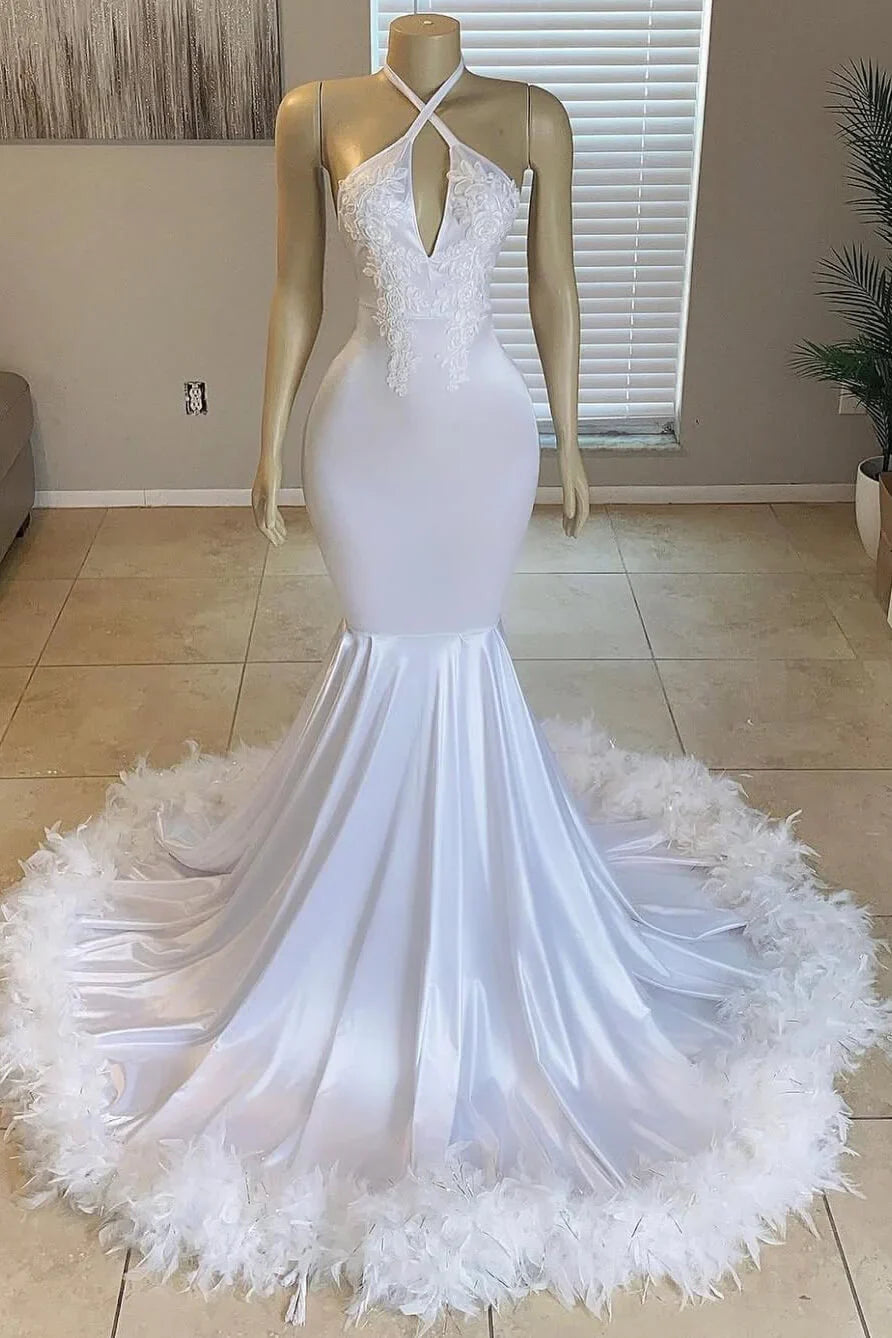 Mermaid Satin And Feather Halter Sleeveless Prom Dress For Black Girls