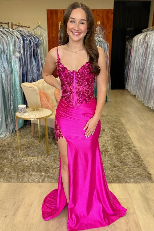 Mermaid Sleeveless Empire Lace Appliques Party Prom Dress With Slit