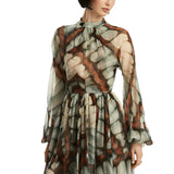 Long Polyester Dress with Stand-up Collar and Print