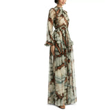 Long Polyester Dress with Stand-up Collar and Print