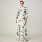 Gaun Panjang Satin dengan Lengan Lentera dan Cetakan Elegan