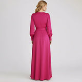 Gaun Panjang Poliester dengan Kerah Berdiri dan Patchwork Bunga