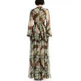 Long Polyester Dress with Stand-up Collar and Print
