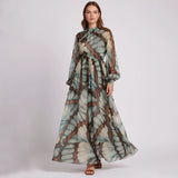 Long Polyester Dress with Stand-up Collar and Print