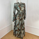 Long Polyester Dress with Stand-up Collar and Print