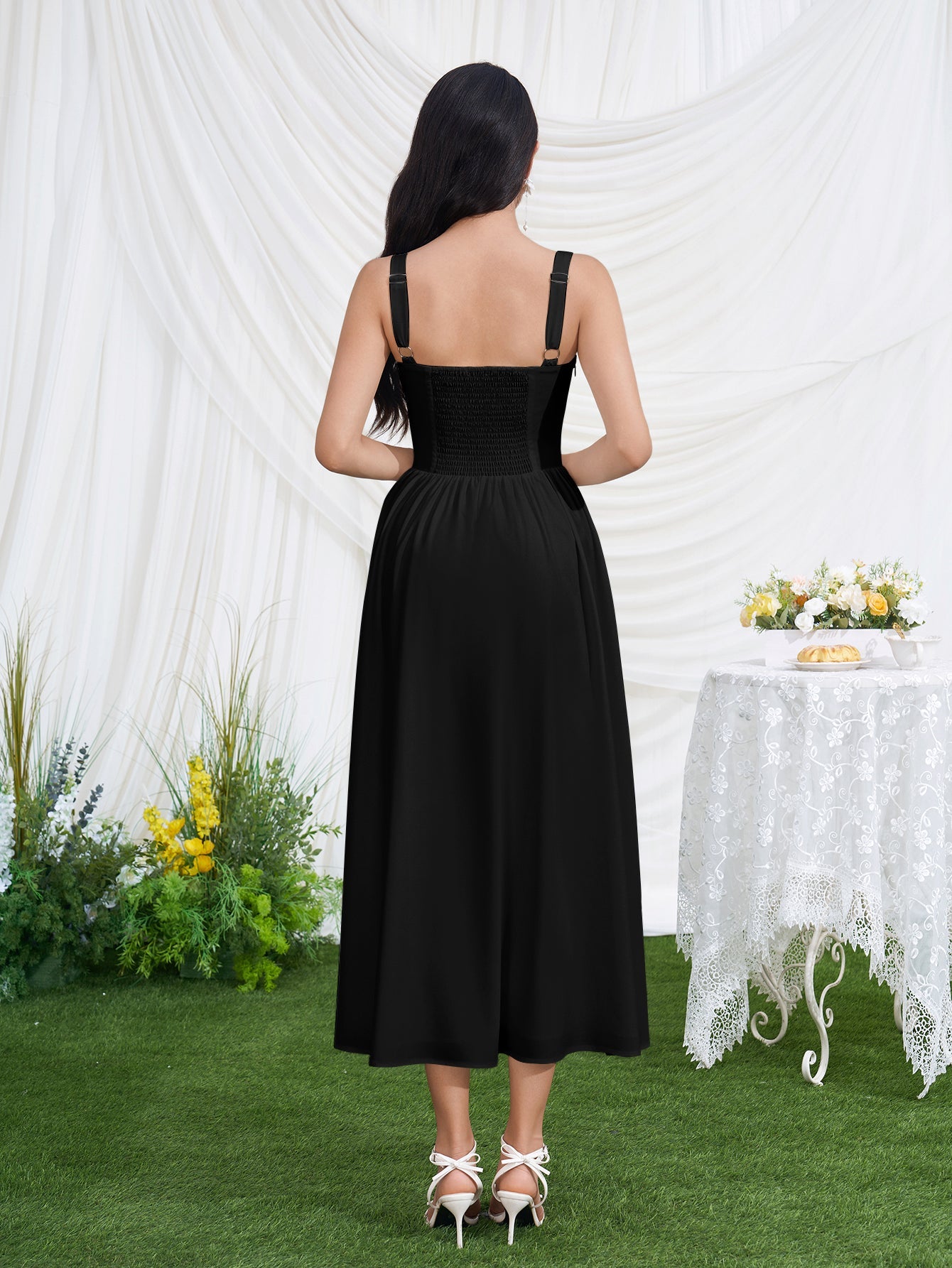 Openwork Split Thigh Pocket Floral Print Dress
