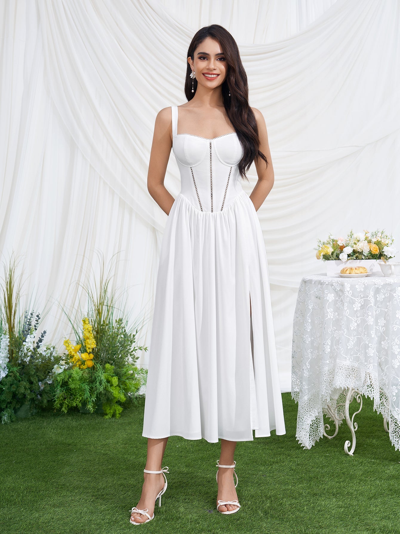 Openwork Split Thigh Pocket Floral Print Dress