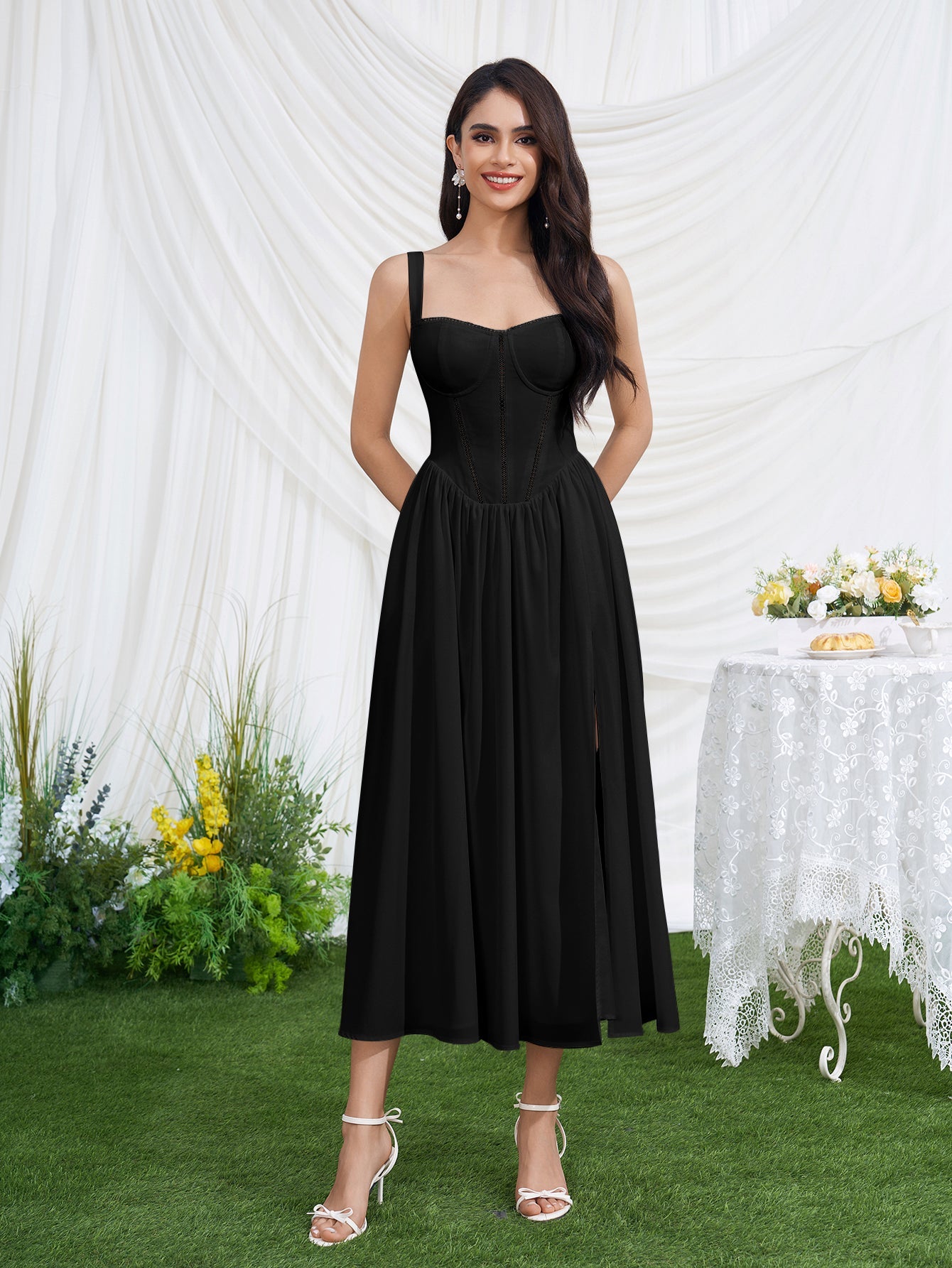 Openwork Split Thigh Pocket Floral Print Dress