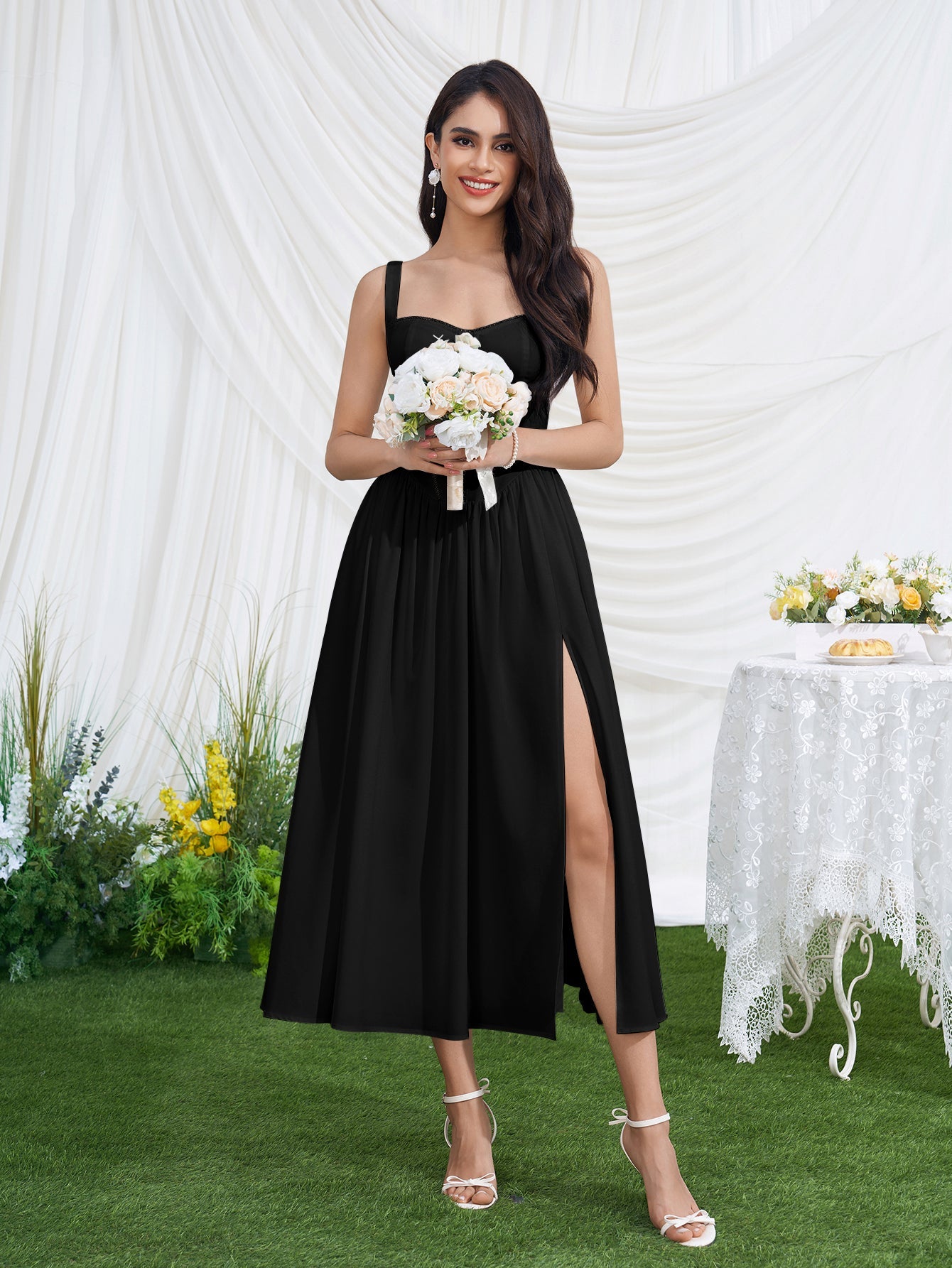 Openwork Split Thigh Pocket Floral Print Dress