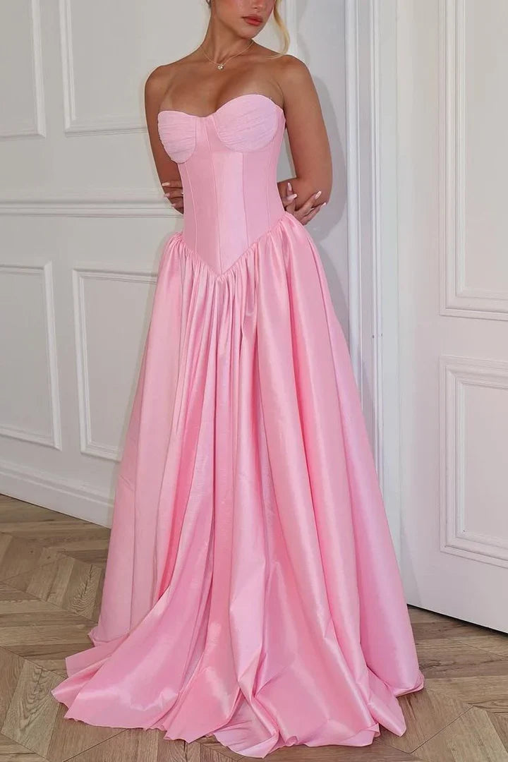 Pink Satin A-Line Strapless Casual Pleated Party Prom Dress